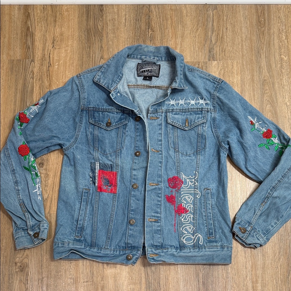 Brooklyn Cloth Blue Denim Jacket with Red and Green Embroidery “Blessed”